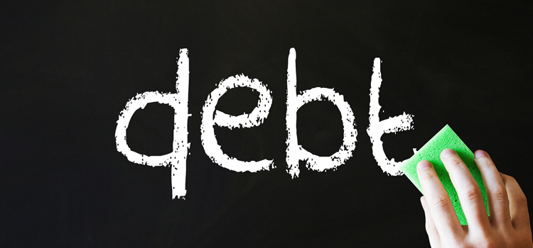 The word debt on a blackboard